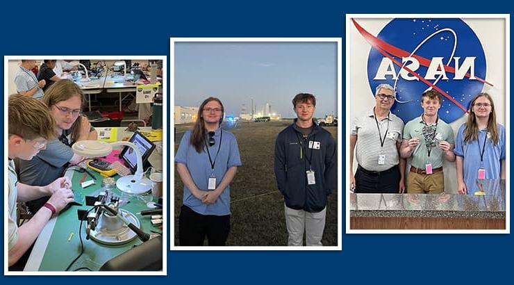 A collage of three images: on the left, Brent Mitchell stands with students Austin Harp and Logan Black in front of the NASA sign; in the middle, Harp and Black stand facing the camera in the foreground with the rocket launch in the background; on the right, Harp and Black sitting at a table with a collection of electrical engineering tools such as a circuit board and a multimeter